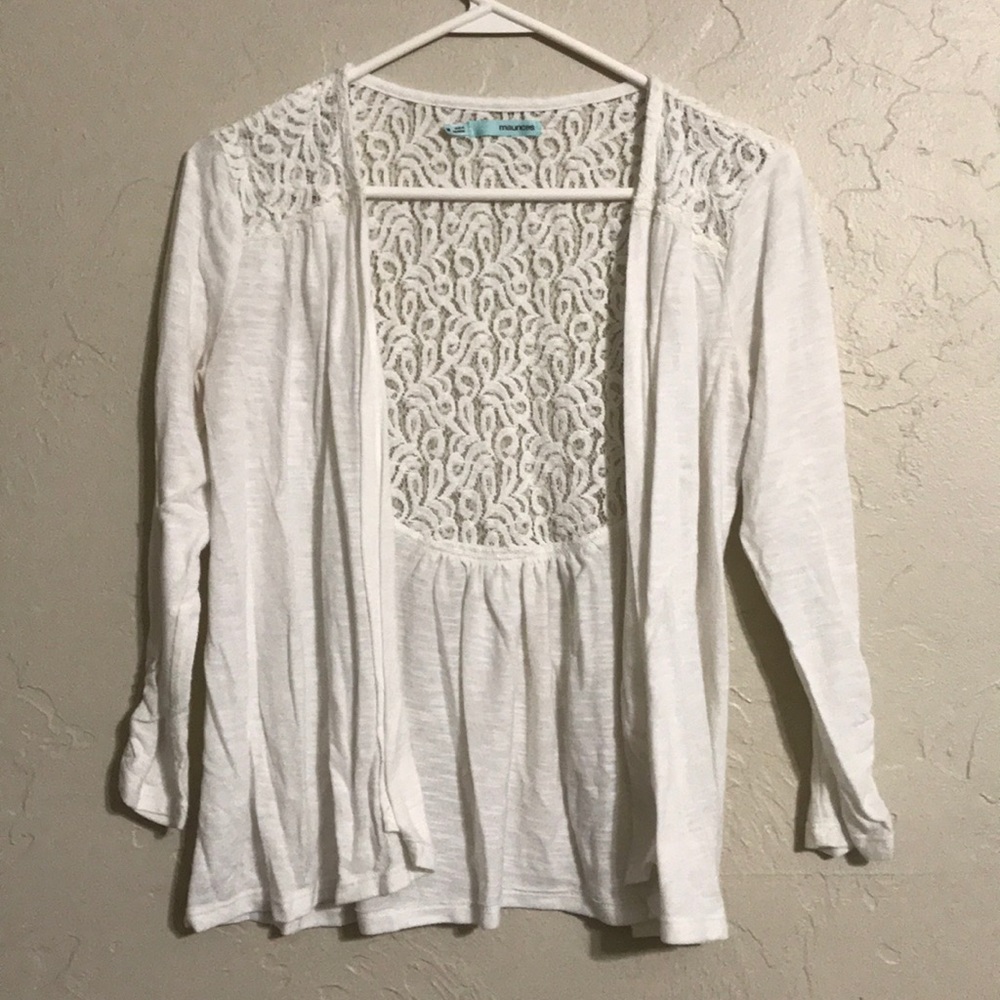 Maurices, white, open front shirt w/ lace, medium